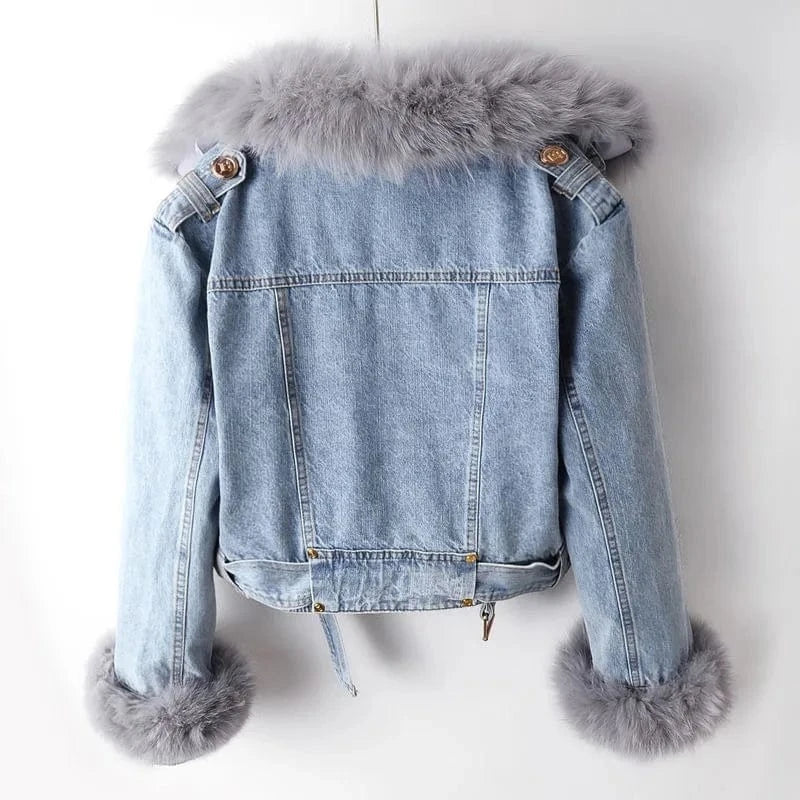 Elise Denim Moto Jacket with Fur