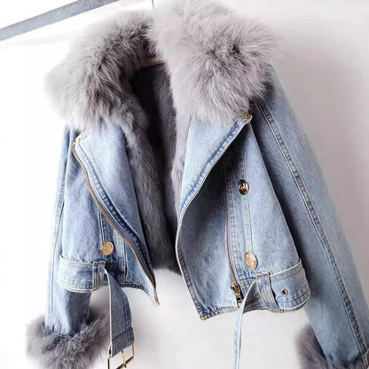 Elise Denim Moto Jacket with Fur