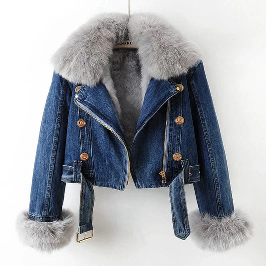 Elise Denim Moto Jacket with Fur