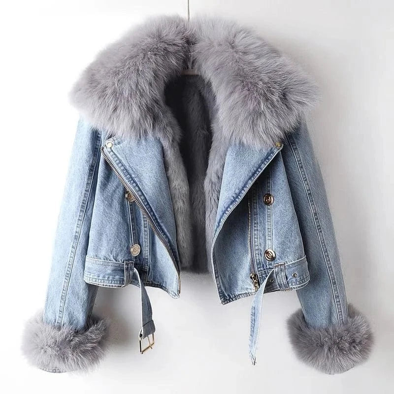 Elise Denim Moto Jacket with Fur