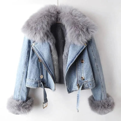 Elise Denim Moto Jacket with Fur